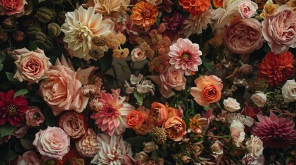 Fototapeta premium Assorted fresh flowers in full bloom. Floral arrangement and botanical concept