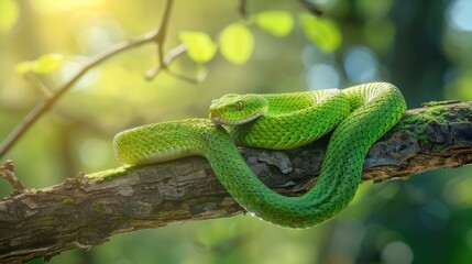Obraz premium Vibrant Green Snake Coiled on Tree Branch in Forest