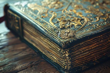 Ancient ornate bible with intricate detailing and gold leaf accents
