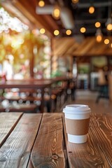 Cafe Ambience with To-Go Coffee Cup on Wooden Table
