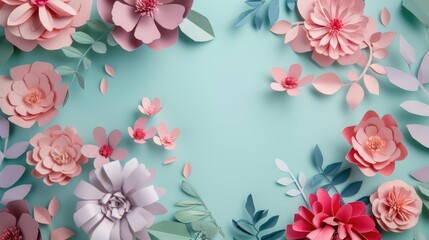Blossoming Paper Art Flowers on Turquoise Background