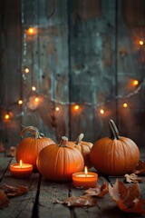 Obraz premium Autumn Ambiance with Pumpkins and Candles on Wooden Table