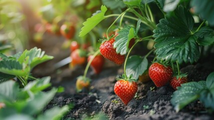 Fresh Strawberries Ripening on the Vine in Sunlit Field