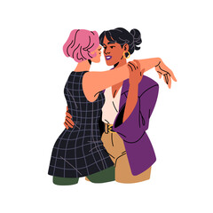 Romantic couple feeling passion. Lesbian hugs girlfriend, holds hand on her waist. LGBT lovers love each other. Sensual foreplay in relationship. Flat isolated vector illustration on white background