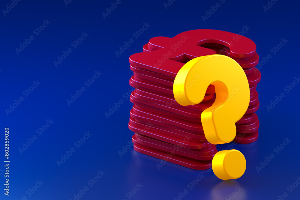 Poster a stack of pound signs and a neon-lit question mark on a blue background. 3d rendering
