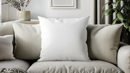 White Blank Polyester Pillow Mock Up On A Cozy Sofa