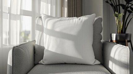 White Blank Polyester Pillow Mock Up Held On A Cozy Armchair