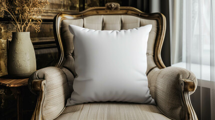 White Blank Polyester Pillow Mock Up Held On A Luxury Armchair