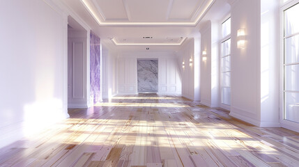 Obraz premium Elegant home, white walls, lavender marble, cubic lighting, stylish