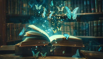 Old magic books with glow and flying butterflies in dark library