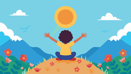 A child sitting on top of a mountain with their arms outstretched looking out at a field of flowers and a bright sun representing the boundless. Vector illustration