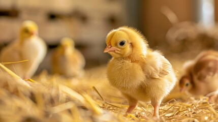 Yellow baby chickens were grounding in the farm to started feeding in the chicken farm business