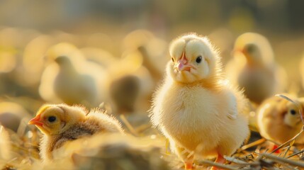 Yellow baby chickens were grounding in the farm to started feeding in the chicken farm business