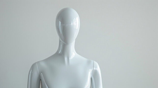 White Head, Neck And Shoulders Of A Mannequin On A White Background With Space For Text