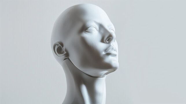 A white sculpture of a head with a white face and a white head