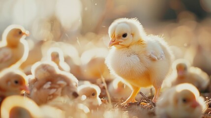 Yellow baby chickens were grounding in the farm to started feeding in the chicken farm business