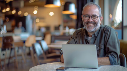 A smiling man in his fifties, wearing glasses and casual clothes, sitting at a table working on a...