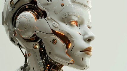 Close-up view of an ai humanoid robot head with glowing orange neural pathways