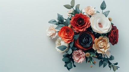 A finished DIY paper flower bouquet displayed against an isolated white background emphasizing the texture and variety of the handmade flowers