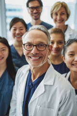 Fototapeta premium A group of smiling doctors and nurses standing together, with one middle-aged male doctor wearing glasses at the center, all looking directly into the camera.
