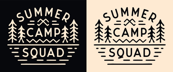 Fototapeta premium Summer camp squad crew lettering camper badge camping emblem. Forest lake retro vintage aesthetic illustration for matching friends school trip scout animator teacher logo shirt design print vector.
