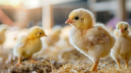 Yellow baby chickens were grounding in the farm to started feeding in the chicken farm business