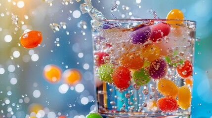 Artistic shot of jelly beans floating in a clear sparkling soda creating a whimsical and colorful beverage presentation