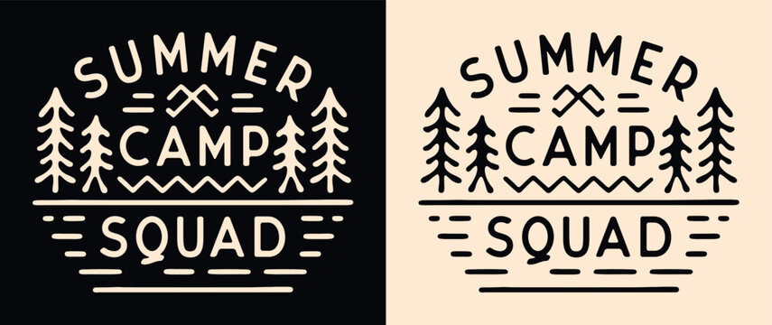 Summer camp squad crew lettering camper badge camping emblem. Forest lake retro vintage aesthetic illustration for matching friends school trip scout animator teacher logo shirt design print vector.