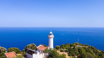 The scenic view of Gelidonya Lighthouse, which is one of the guide lighthouses of the Mediterranean, on the historical Lycian Way, Kumluca, Antalya.