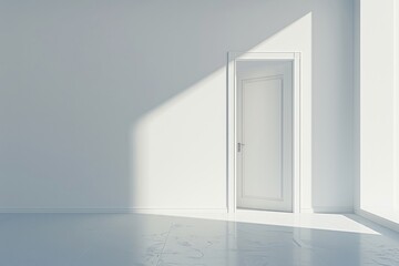 An empty room with a white background color, featuring an open door on the wall.