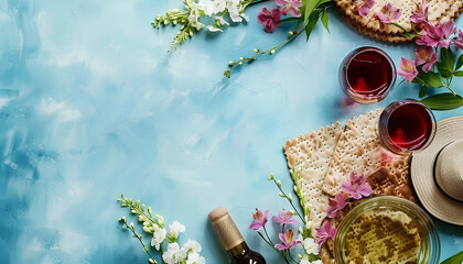 Frame made of flatbread matza, wine, Torah, kippah and alstroemeria flowers on color background