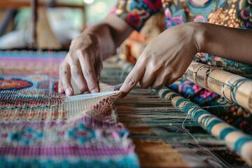 Obraz premium Asian woman weaving fabric on a loom. Close-up of working hands