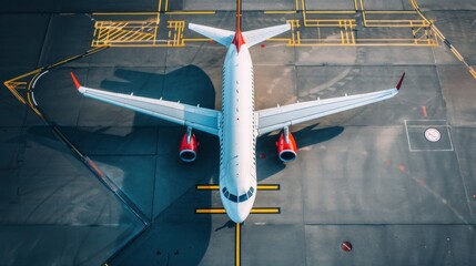 Aerial view of commercial airplanes at airport gates with jet bridges and ground service equipment.