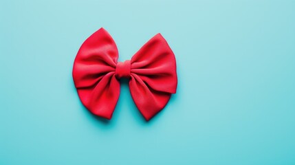 Red satin bow on a bright turquoise background with copy space