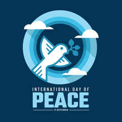 International day of peace - Modern white dove of peace to fly on sky in blue circle layer ring on dark blue background vector design