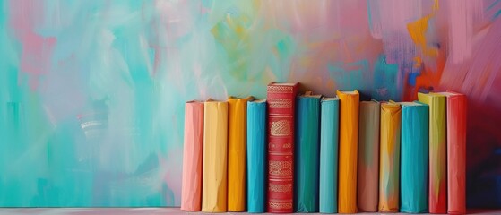 Row of colorful books against a vibrant abstract painted background.
