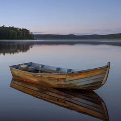Obraz premium Old, wooden rowboat on a calm lake at dawn, a Bible its only cargo, a journey into stillness, super realistic