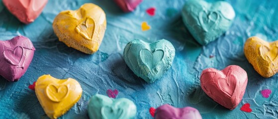 Colorful heart-shaped sculptures on a textured blue background, symbolizing love and diversity.