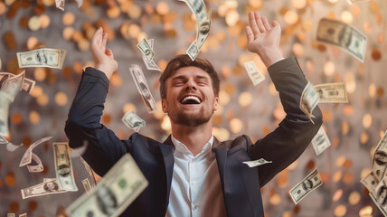handsome young businessman is happy, throwing money in the air, wearing suit . The background of falling dollars in motion blur