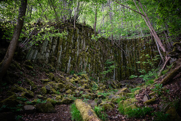 Natural wonders, basalt columns, stone formation, quarry in the forest, Rhön, Franconia
