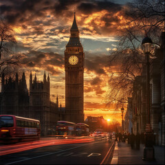 London big ben in sunset with sun and traffic