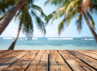 wooden table with a view of the beach and palm trees in the background, minimalistic photography for product showcase