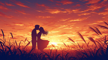 silhouette couple kissing in a field with a sunset in the background