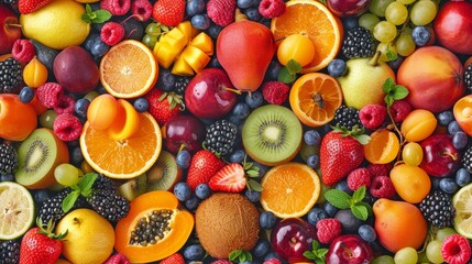 A variety of fresh and organic fruits, including apples, oranges, bananas, grapes, strawberries, blueberries, and more.