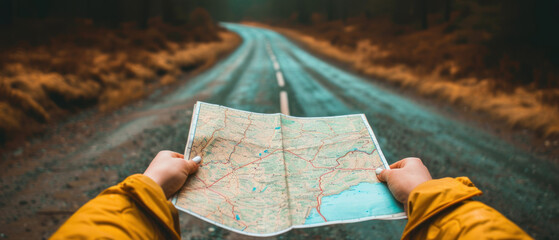 Person holding a map on a deserted road with a journey ahead, concept of travel and adventure.