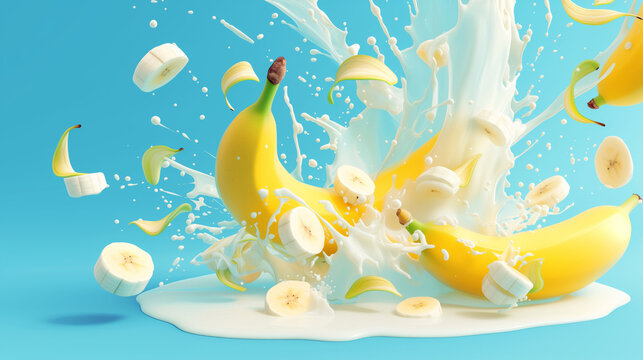 banana is splattered with milk and banana slices