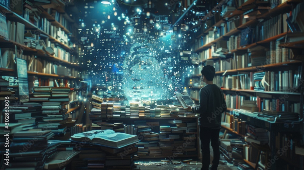 Poster man explores advanced holographic technology in a library filled with books