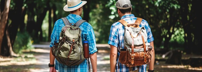 Two men with backpacks walking in a park, viewed from behind, wearing hats and casual clothing, suggesting friendship and leisure activity.