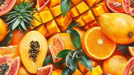 A variety of tropical fruits, including mangos, papayas, and oranges.
