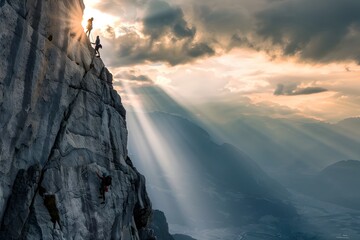 Daring Ascent Into the Heavens Climbers Conquering Sheer Rock Face Against Dramatic Skies